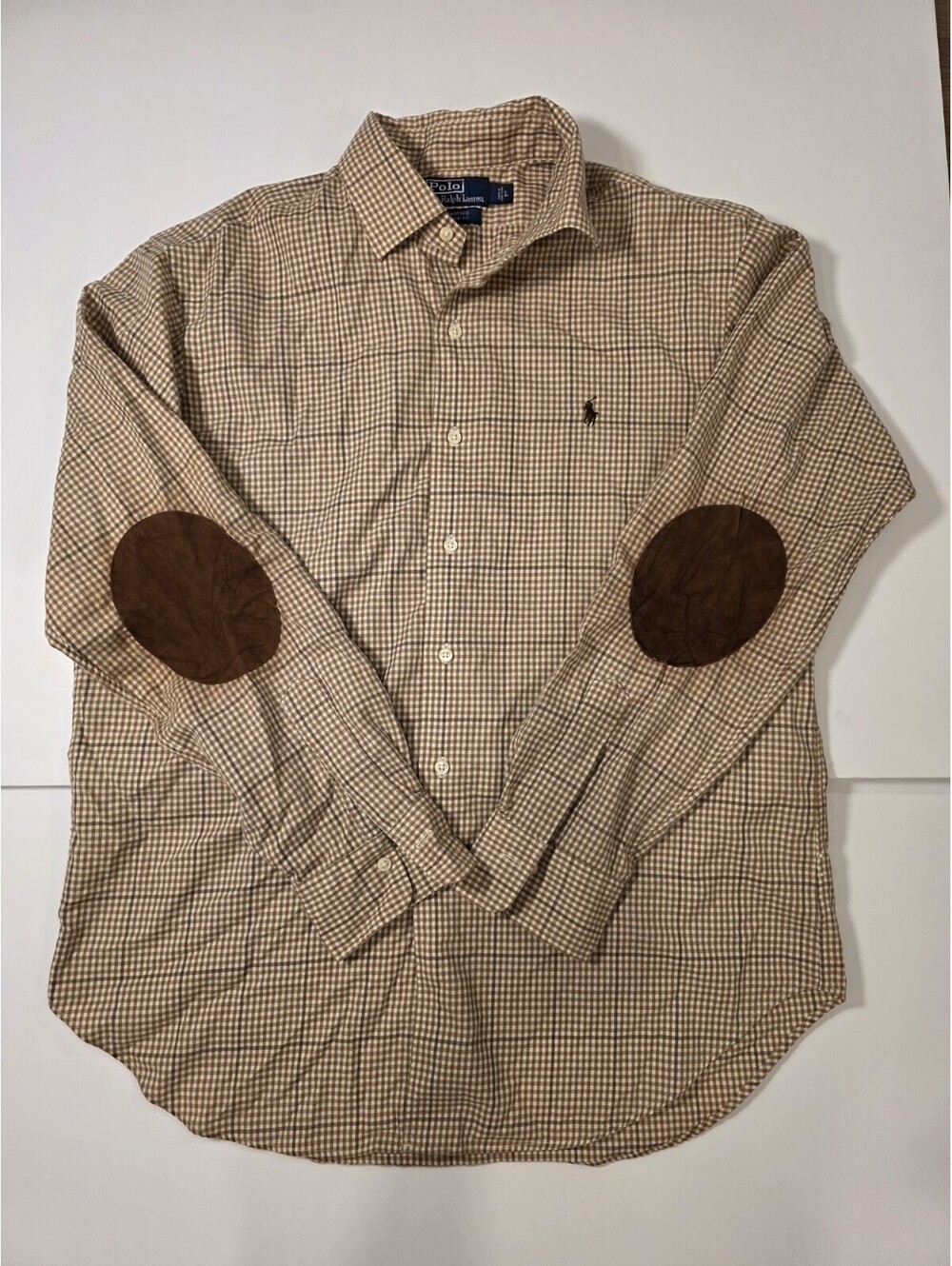 Vintage Polo Ralph Lauren Bradford Shirt Mens L Brown Plaid Elbow Patches 90s